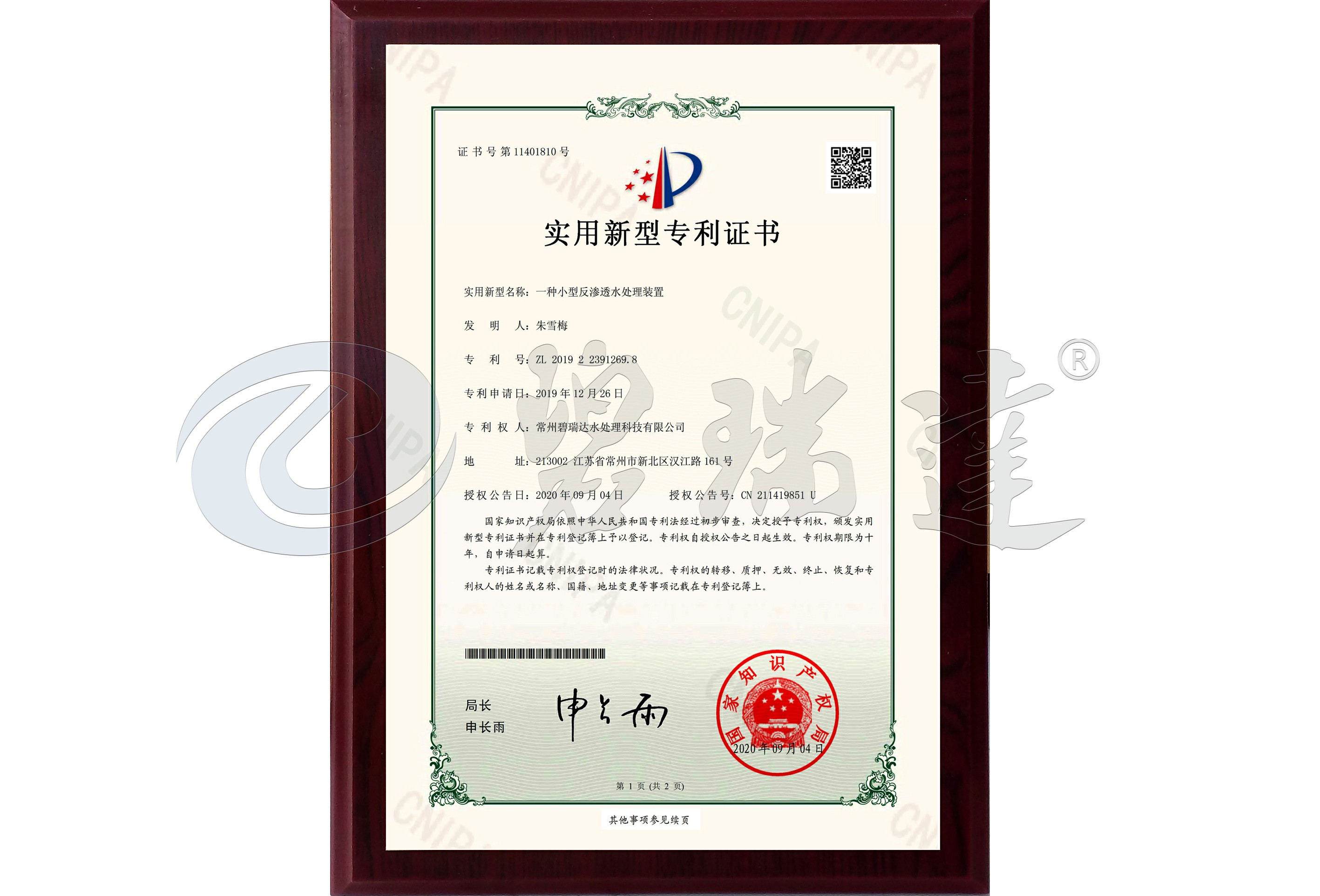 實用新型專利（一種小型反滲透水